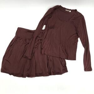 Population Pop Brown Silk 2Pc Long Sleeve Top & Pleated Skirt Set Size L
